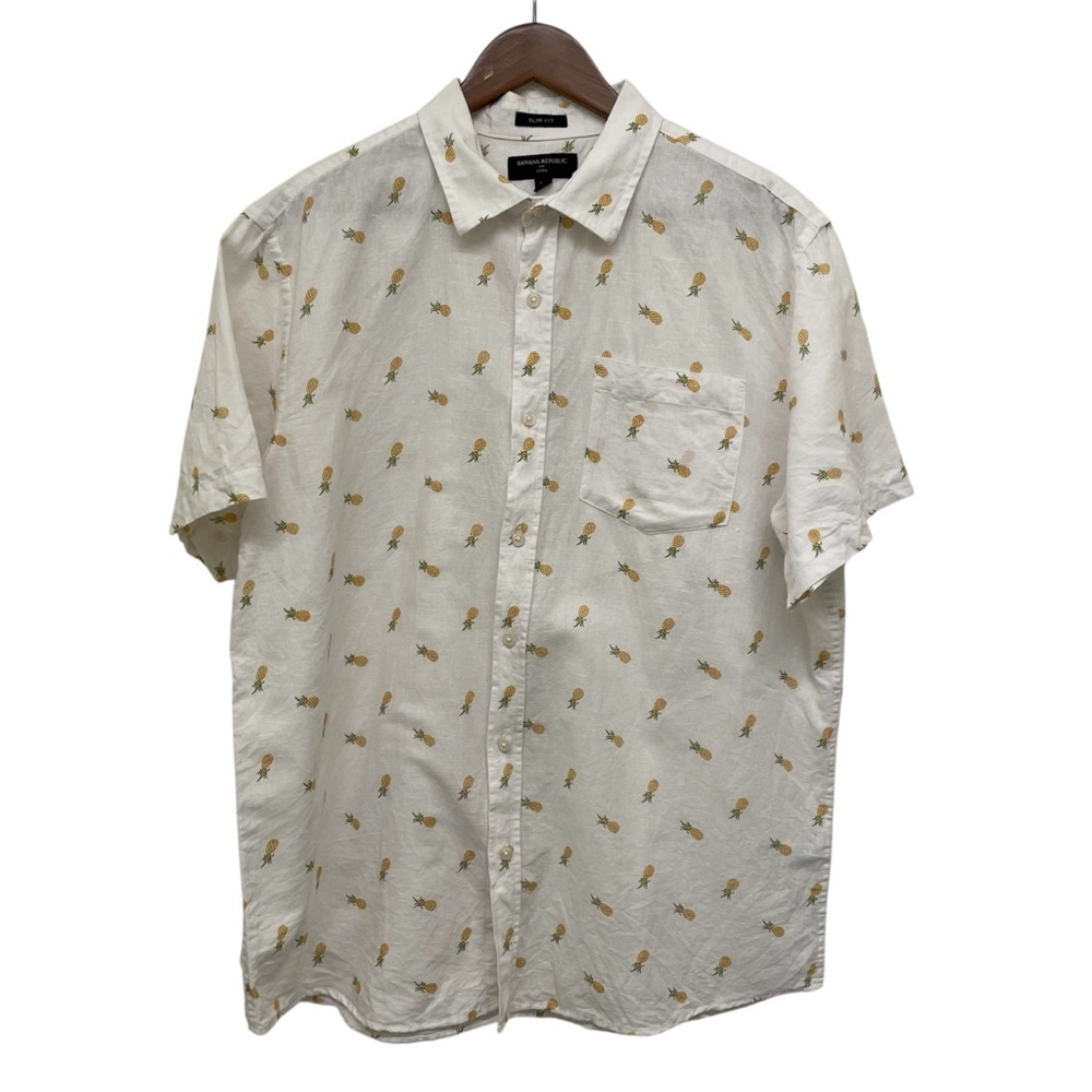 Banana Republic White Pineapple Linen Blend Slim Fit Long Sleeve Men's Shirt L - Picture 2 of 10